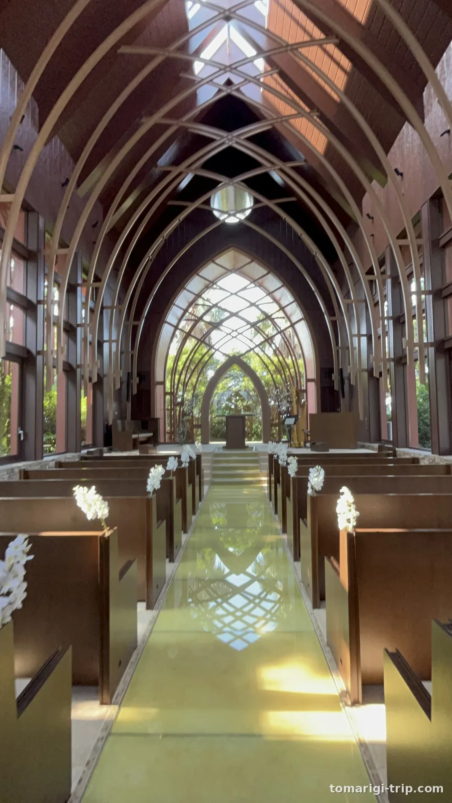 並木の先のチャペル。式のない時間帯は中を覗けました