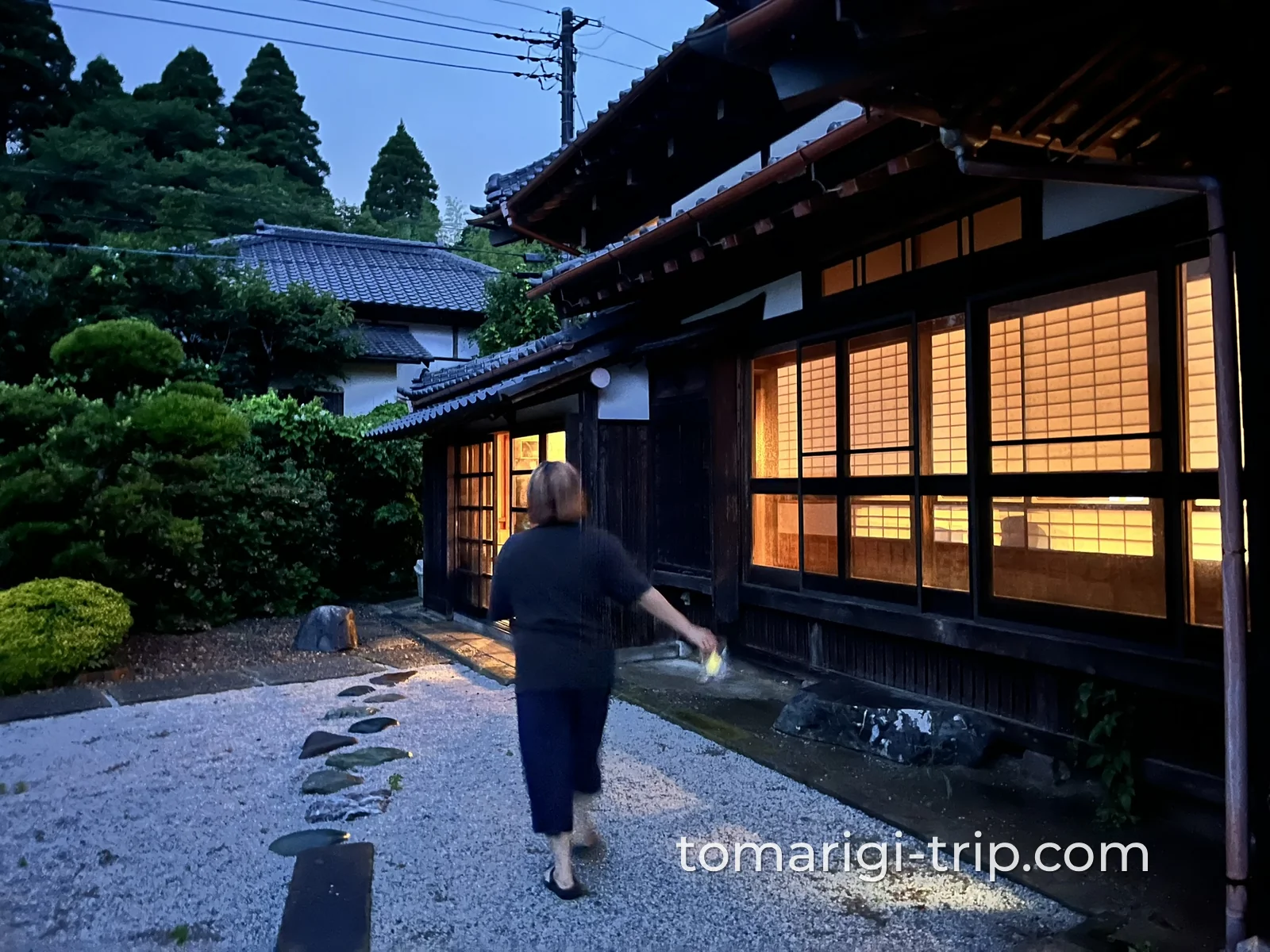 夕暮れの縁側と、夜のライトアップされた庭。時間帯で表情が変わるのもこの宿の魅力です