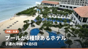 客室から見下ろす琉球ホテル&リゾート名城ビーチの大きなプールと白い砂浜